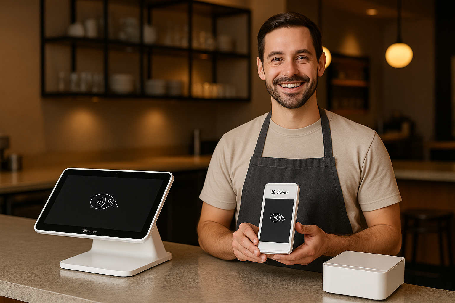 A male standing at a restaurant counter holding a clover credit card terminal. On the counter must be a clover POS system