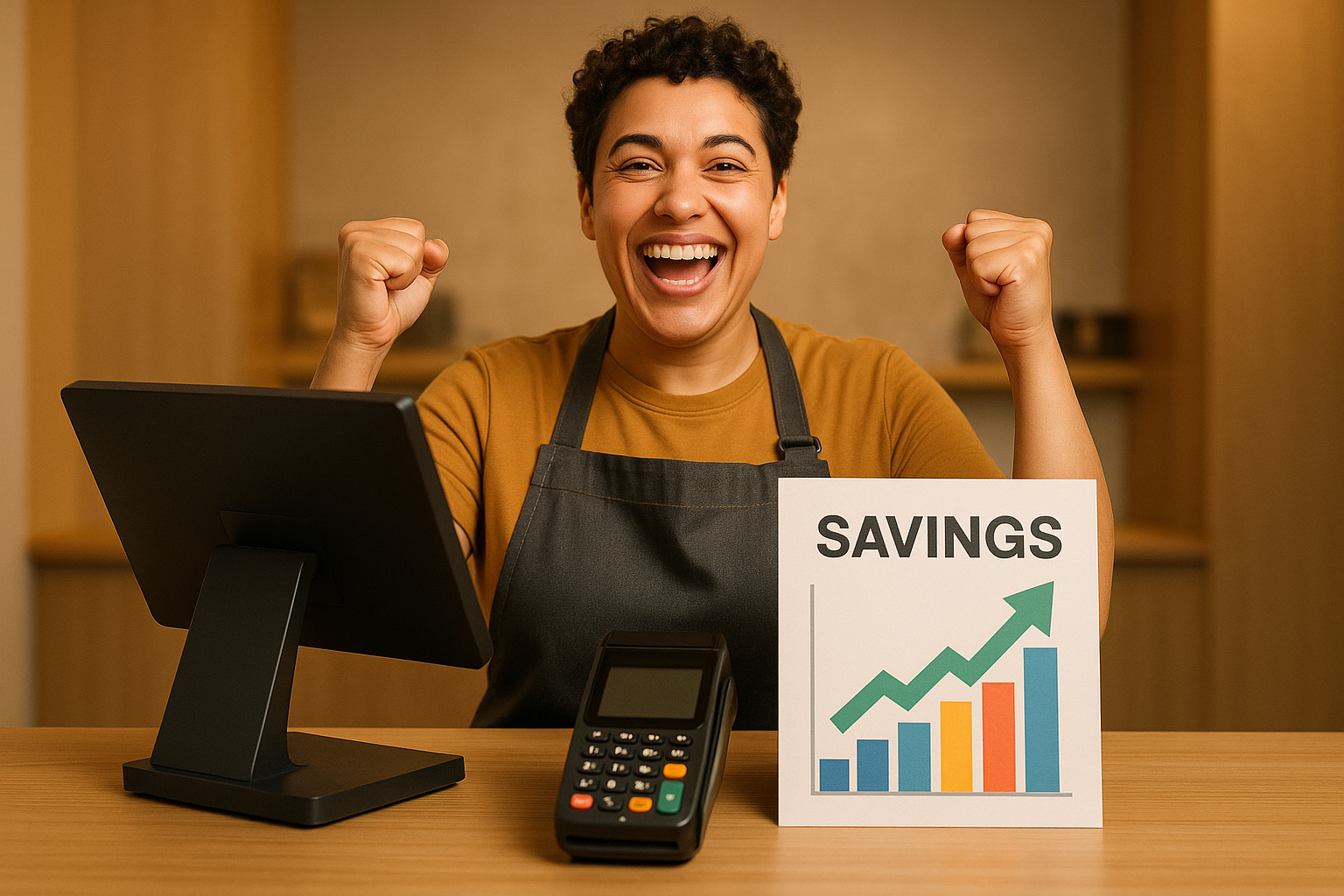 Please generate an image of a merchant that is very happy with their savings from our cash discount program. In the image please have a POS system, a credit card machine and a piece of paper that says savings with a graph and an arrow going up. Please also center the main components so that they will be compatible with mobile.